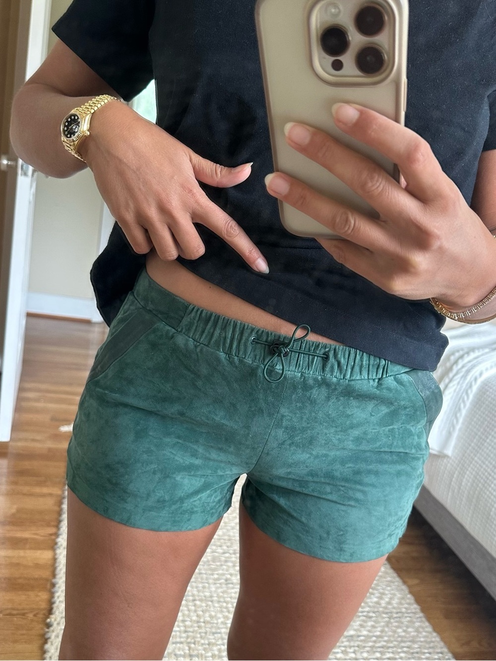HM Genuine Leather Suede Green Shorts
